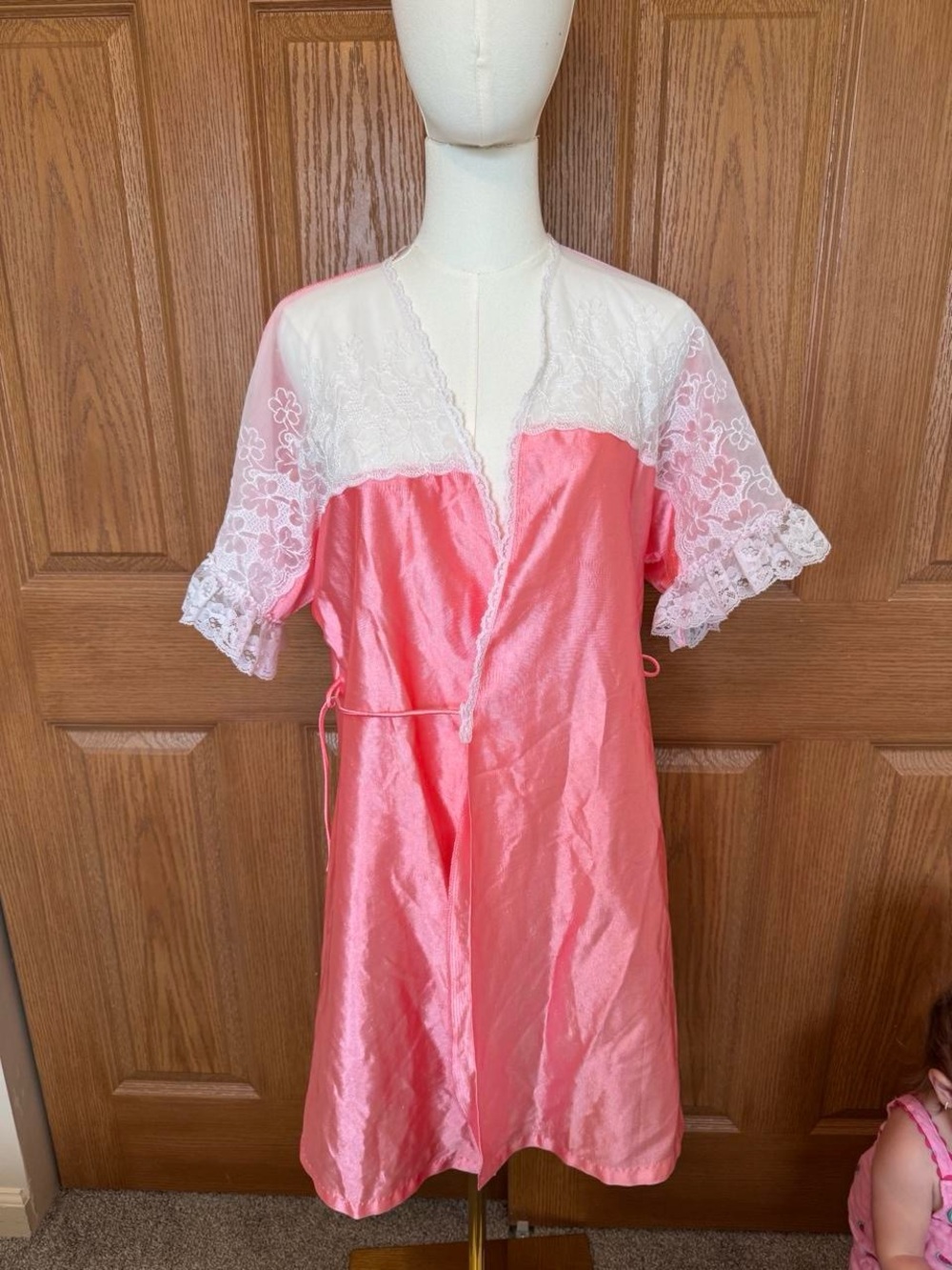 Pink Satin Lace-Trim Robe